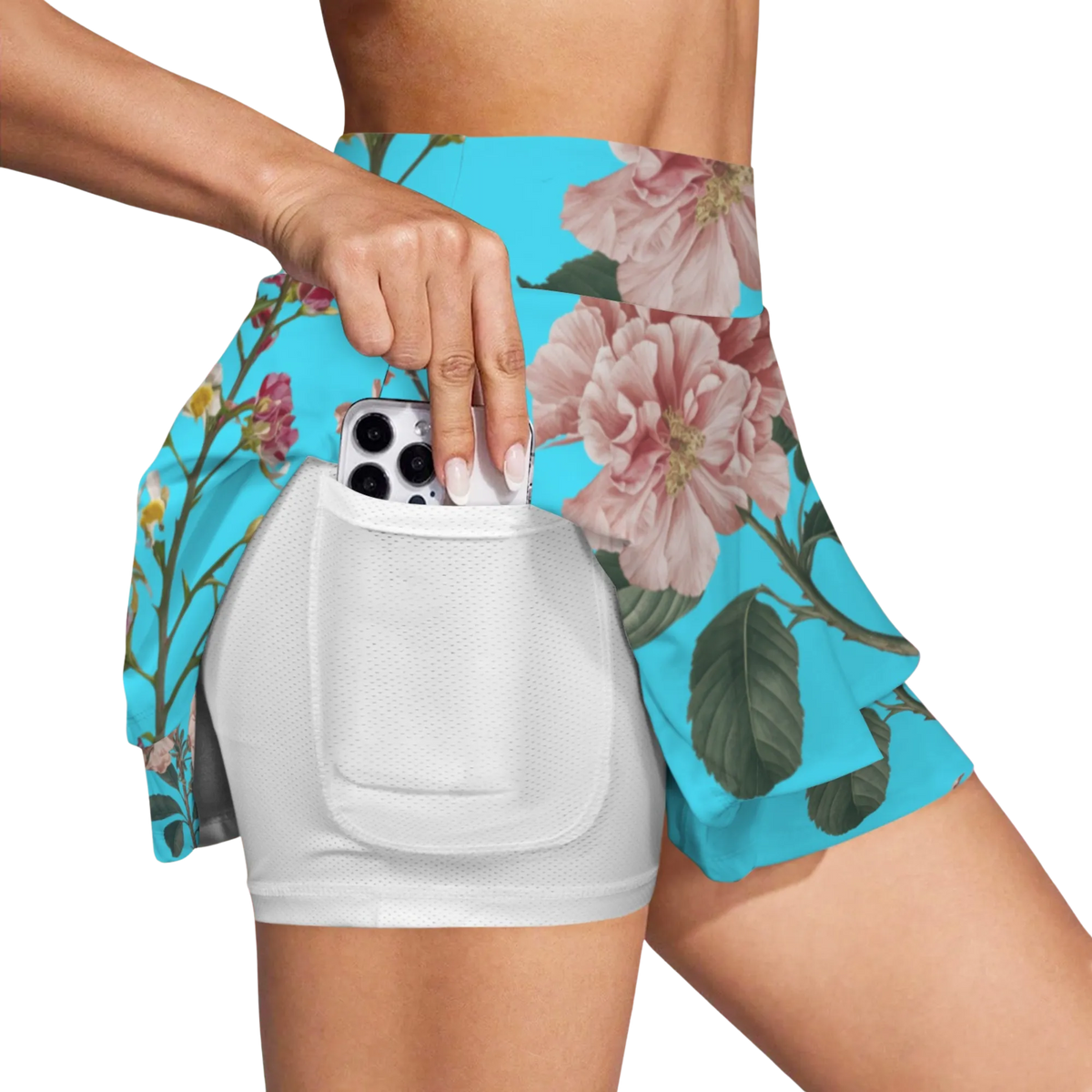 Botanicals iSquared Ruffle Skirt with high waist, layered ruffle hem, and built-in shorts in botanical print