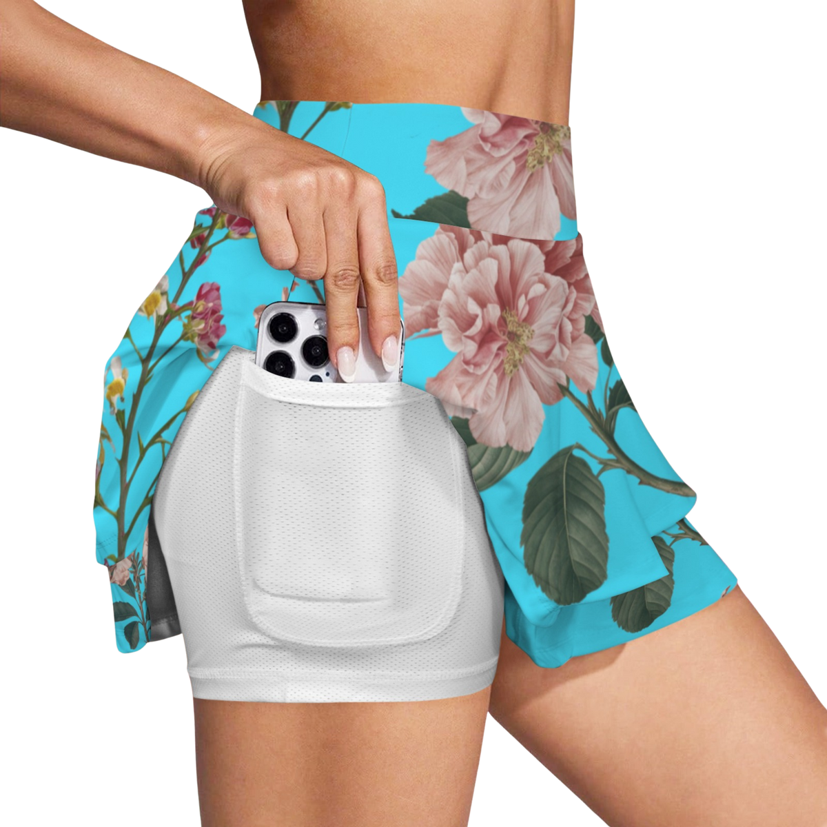 Botanicals iSquared Ruffle Skirt with high waist, layered ruffle hem, and built-in shorts in botanical print