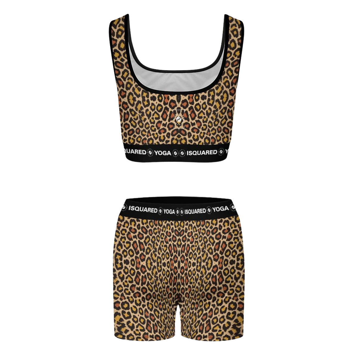 Wild Leopards yoga set featuring a sleeveless crop top and high-waisted shorts in classic golden and black leopard print.