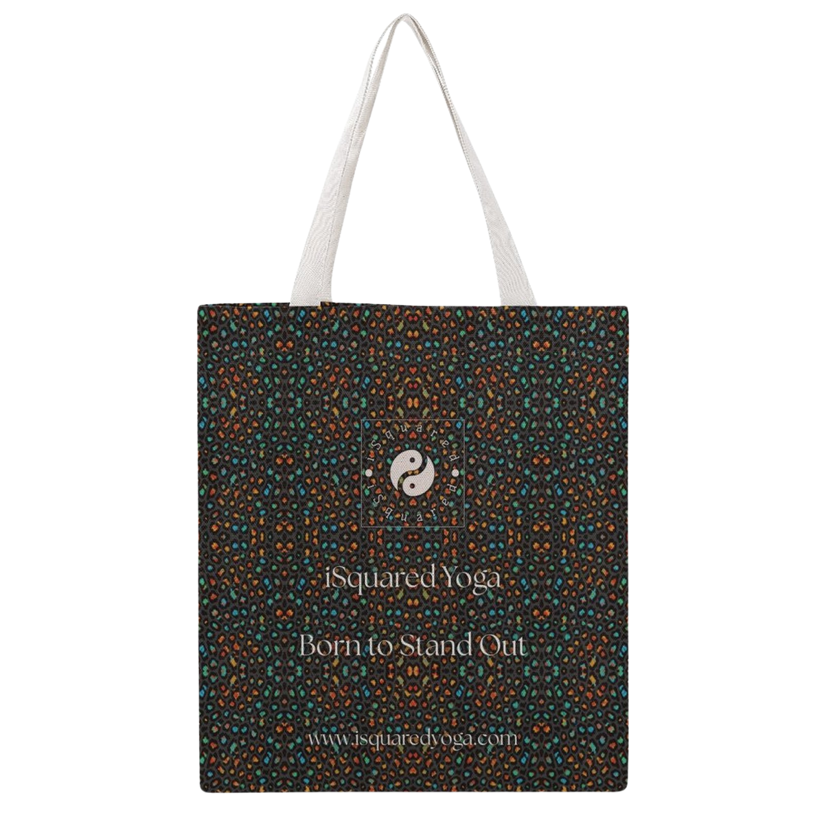 Tote bag featuring a wild leopard print in dark colors with orange and teal accents, white straps, and a logo centered on one side.