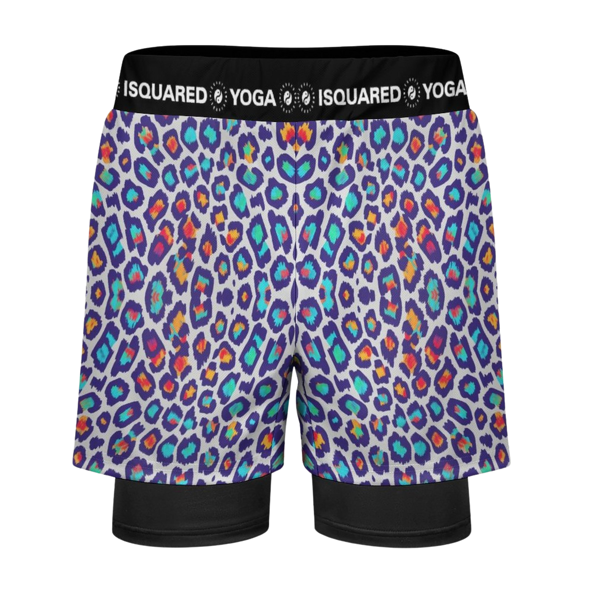 Compression yoga shorts in a vibrant purple leopard print, featuring an elastic waistband and black inner lining.
