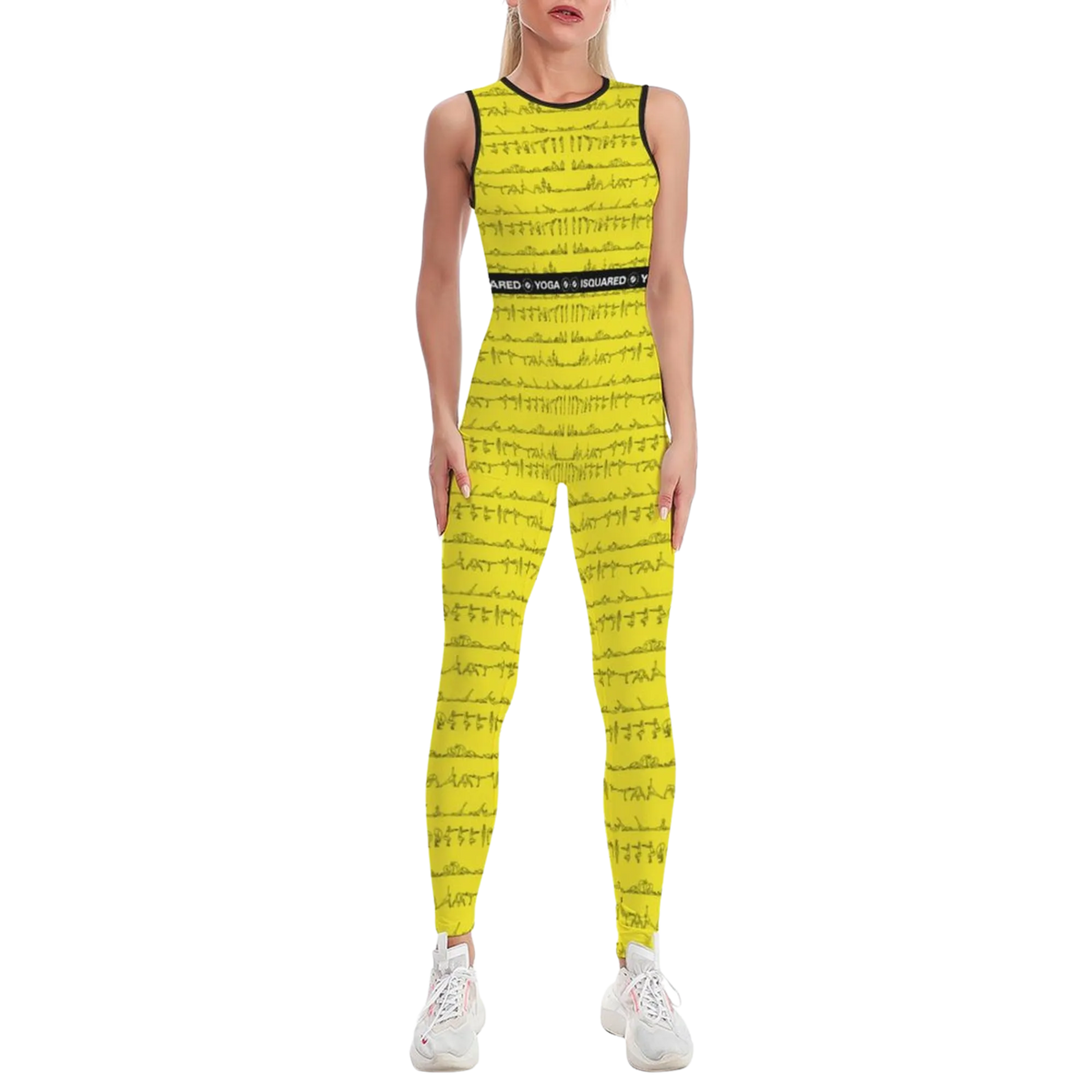 Sleeveless yellow jumpsuit with a printed design showcasing Bikram yoga postures, fitted silhouette and elastic waistband.