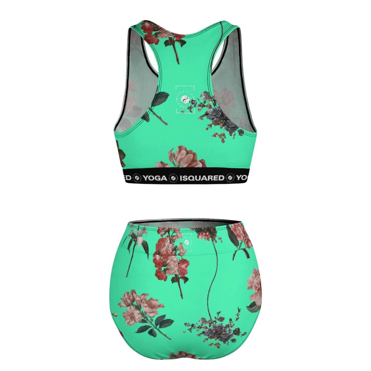Vibrant turquoise hot yoga bikini set featuring floral patterns, racerback top, and matching bottoms.