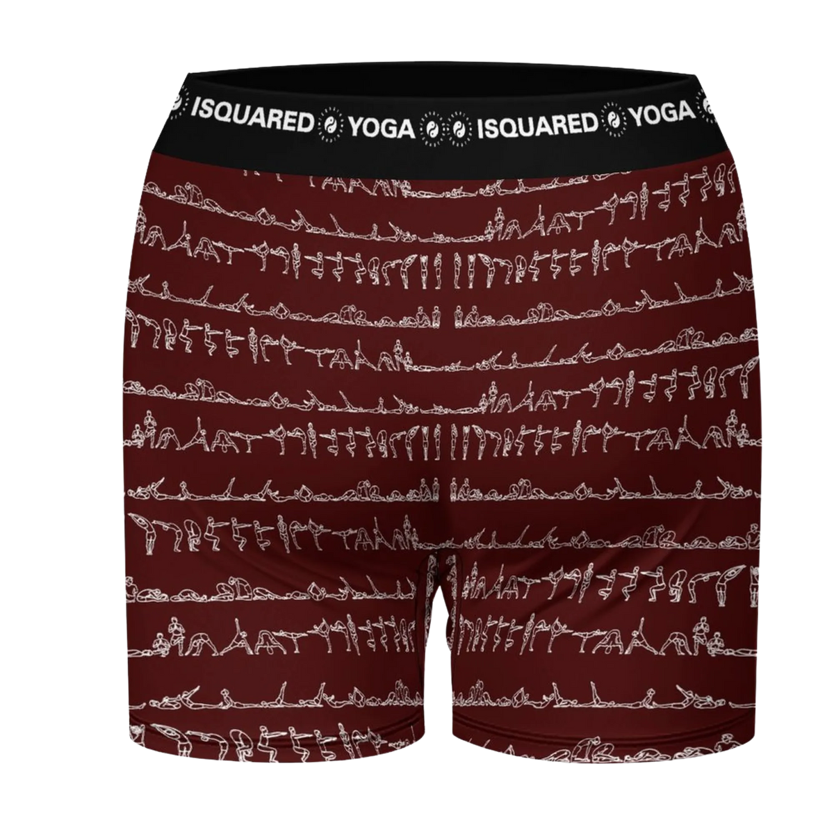 Bikram Ember iSquared Yoga Shorts in deep burgundy featuring a white yoga pose print and a black elastic waistband.