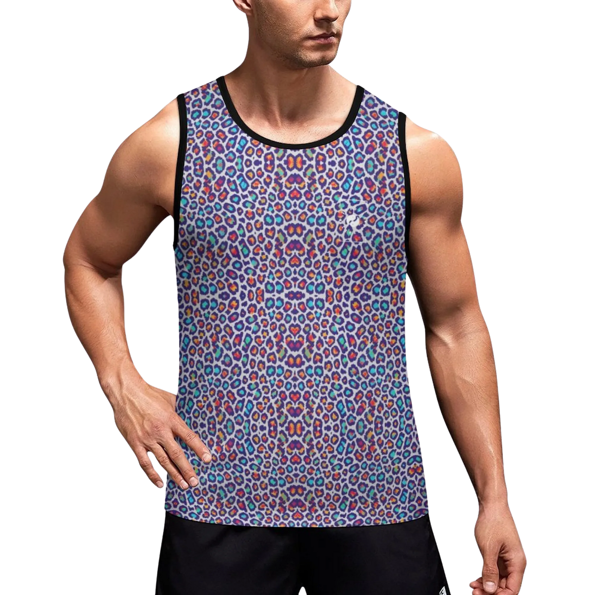 Sleeveless tank top featuring a colorful leopard print in shades of blue, purple, and pink, worn casually by a male model.