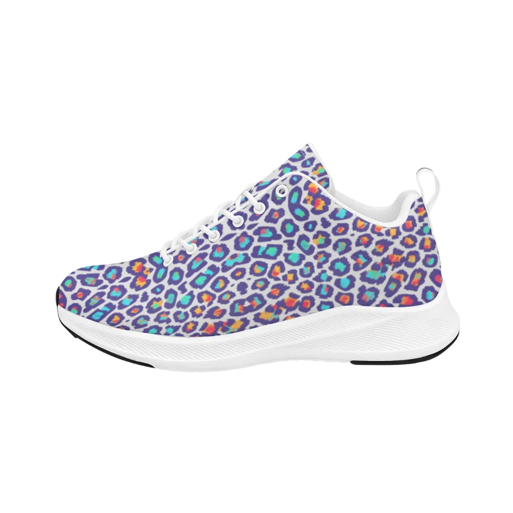 Men's runners with a vibrant purple leopard print featuring teal, orange, and black spots; white sole and laces.