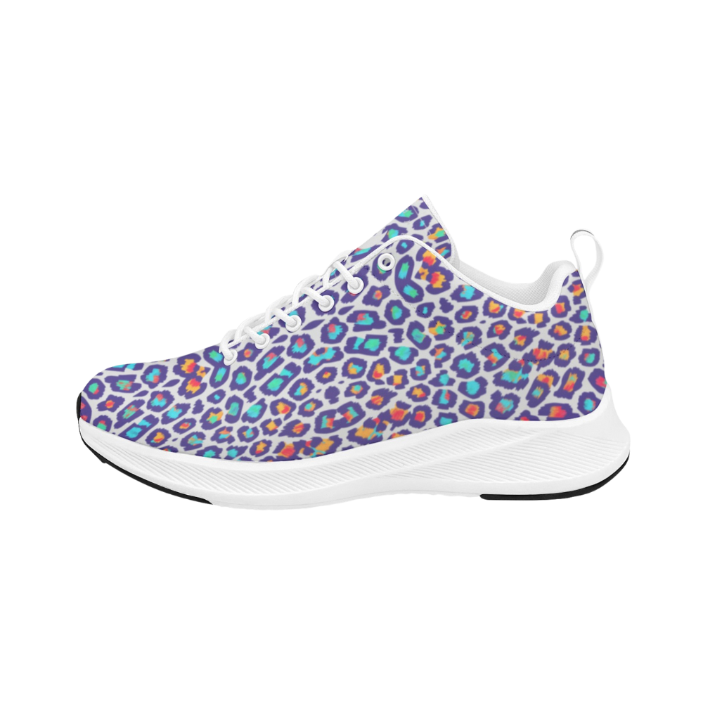 Men's runners with a vibrant purple leopard print featuring teal, orange, and black spots; white sole and laces.