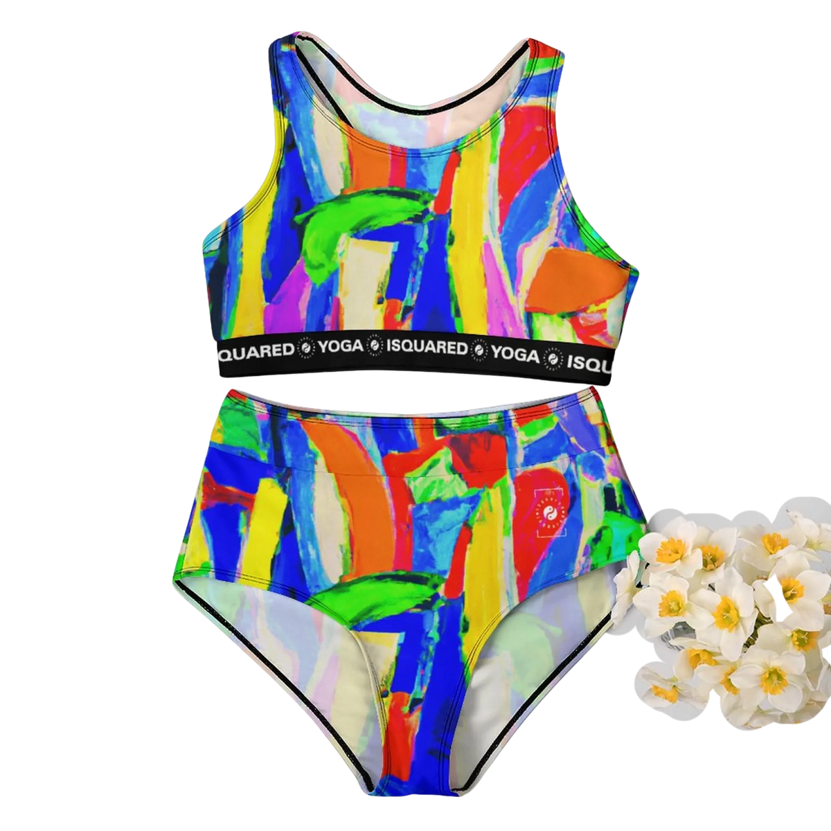 Hot Yoga Bikini Set featuring a vibrant multi-color abstract pattern, with a supportive crop top and high-waisted bikini bottom.