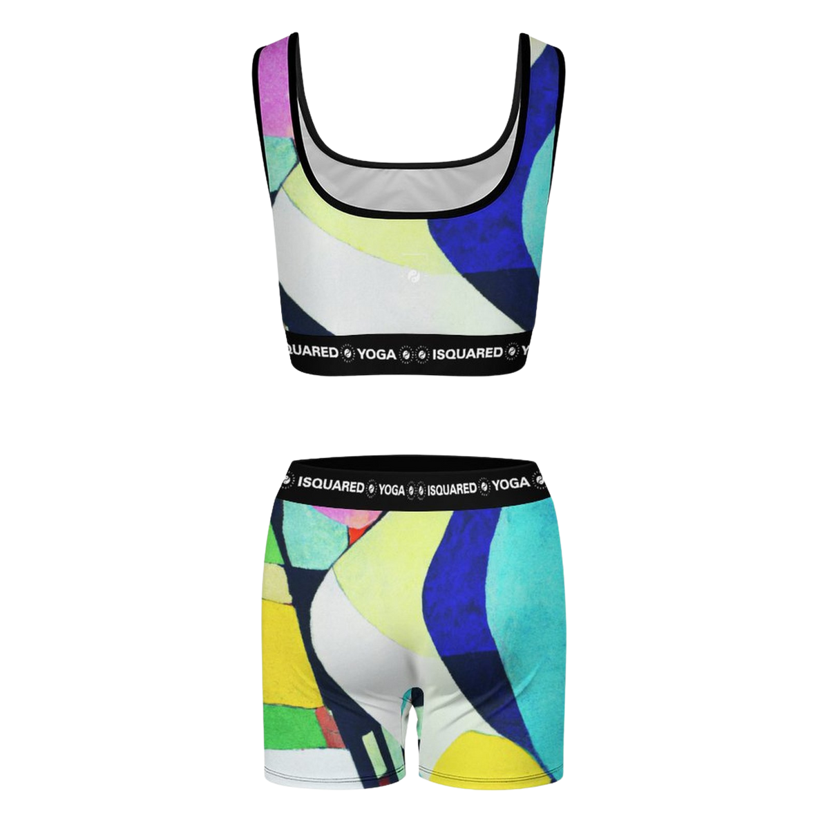 Colorful yoga set featuring a cropped top and shorts with a geometric print, made of breathable fabric with a comfortable fit.