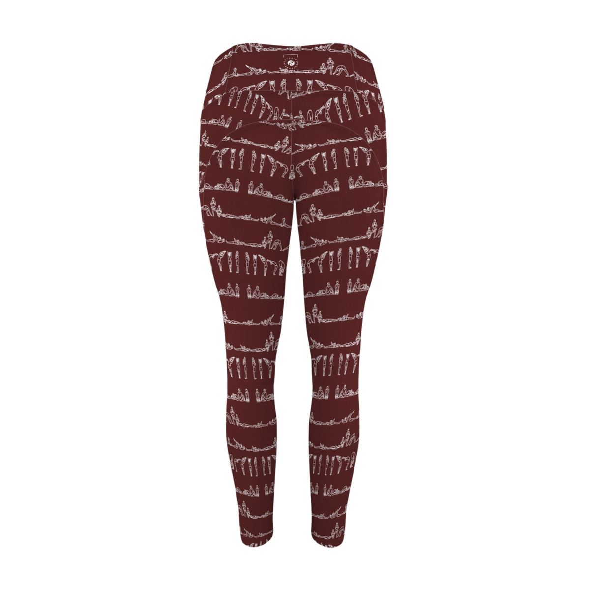 Bikram Ember leggings in maroon with white yoga pose patterns, featuring a high-rise waistband and side pockets.