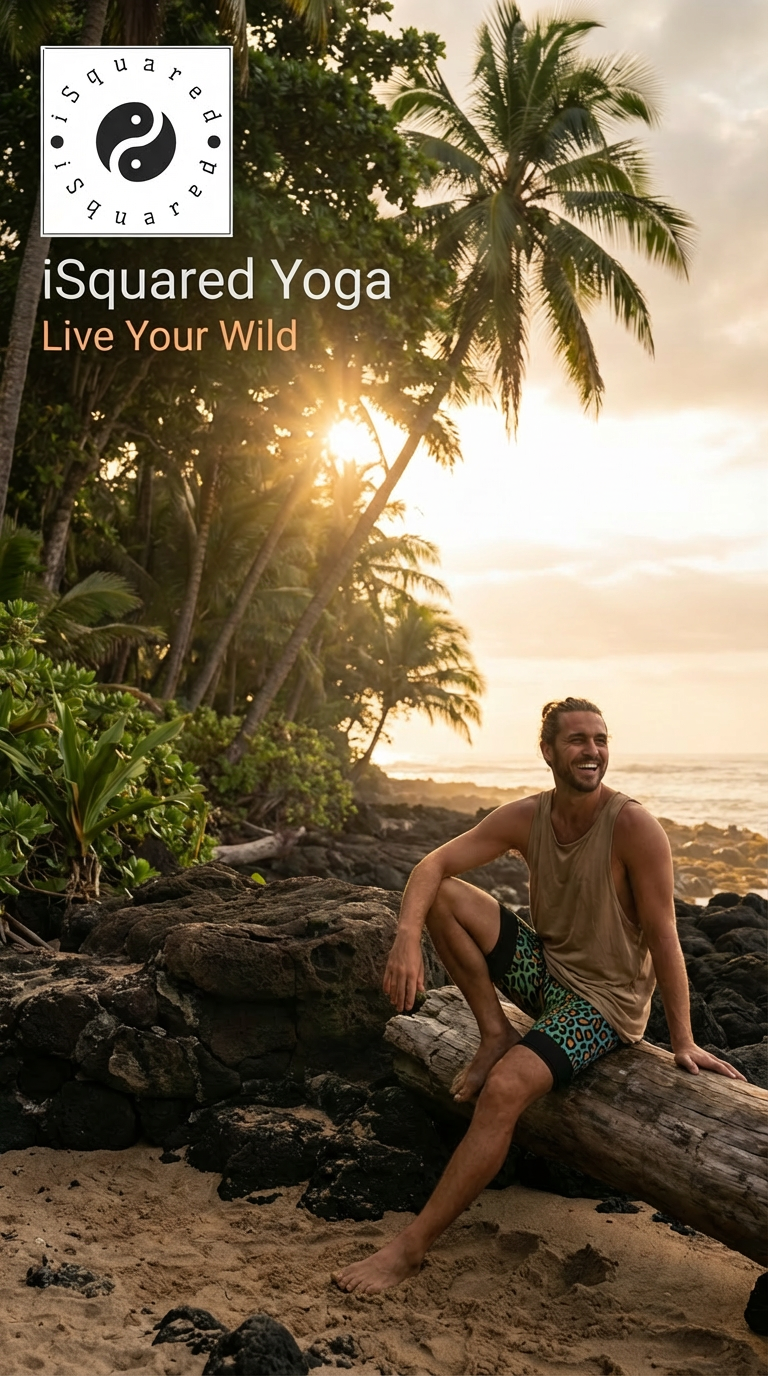Compression yoga shorts with a vibrant leopard print featuring bold colors, worn casually by a man sitting on a beach log.