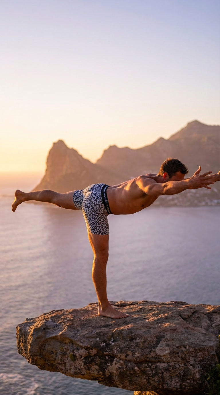 Wild Leopards iSquared Yoga Shorts in grey with black leopard spots worn by a shirtless man striking a yoga pose on a cliffside.