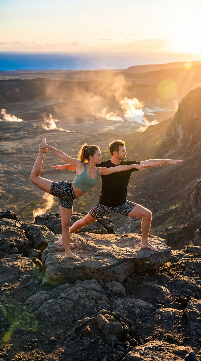 Unisex yoga shorts in a vibrant leopard print, worn by models in yoga poses on rocky terrain during sunset.