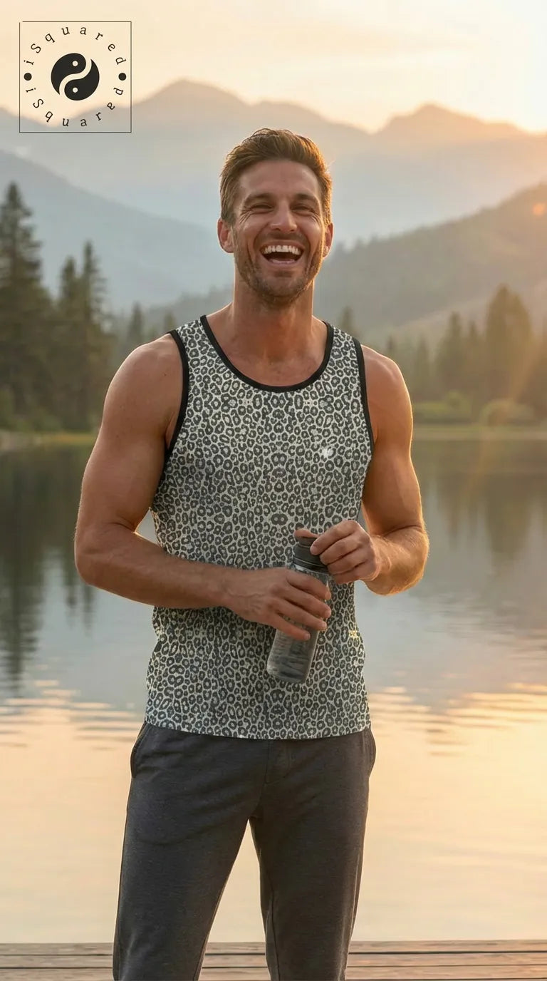 Men's iSquared Tank Top with a light gray and black leopard print, worn with dark gray joggers, held a water bottle.