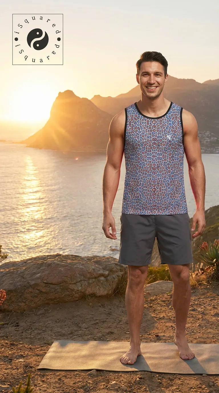 Tank top features a wild leopard print in vibrant blue and burgundy, worn by a smiling man paired with gray shorts.
