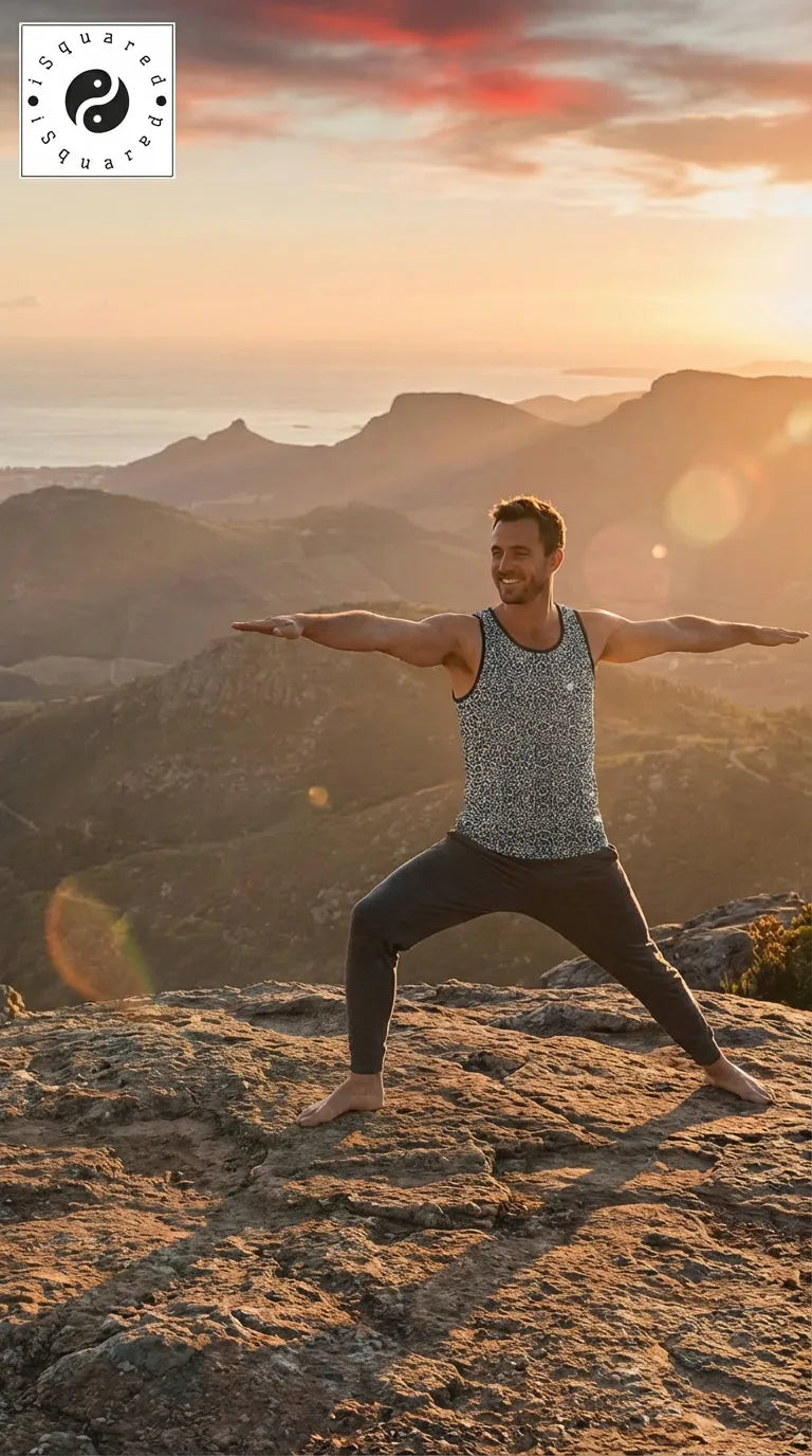 Men's iSquared Tank Top in leopard print, worn with gray pants, against a scenic mountain sunset background.