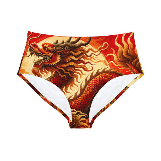 "Golden Dragon Dance in the Crimson Twilight" - High Waisted Bikini Bottom