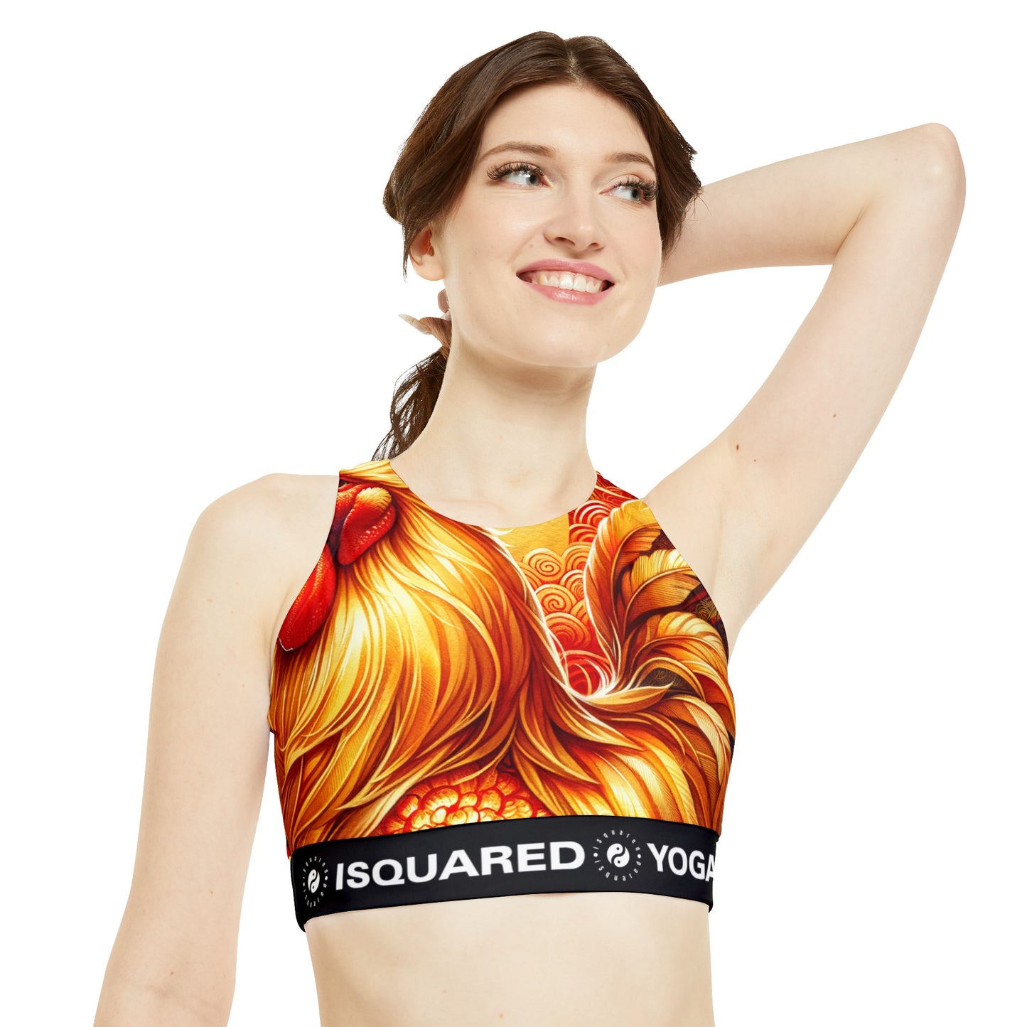 "Crimson Dawn: The Golden Rooster's Rebirth" - High Neck Crop Top