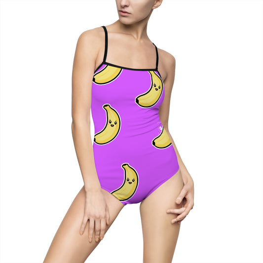 #D65BFF Purple + Banana - Openback Swimsuit