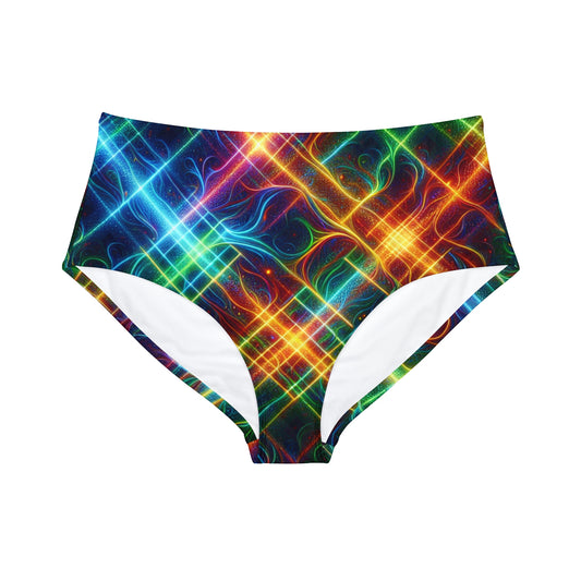 "Neon Plaid Luminosity Matrix" - High Waisted Bikini Bottom