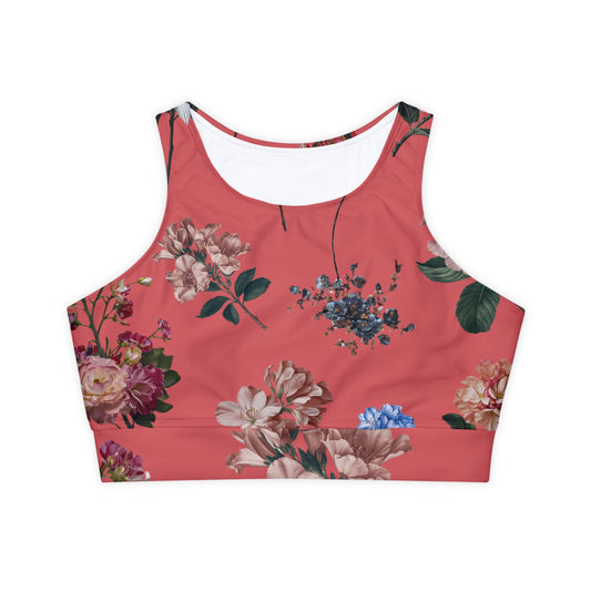 Botanicals on Coral - Lined & Padded Sports Bra