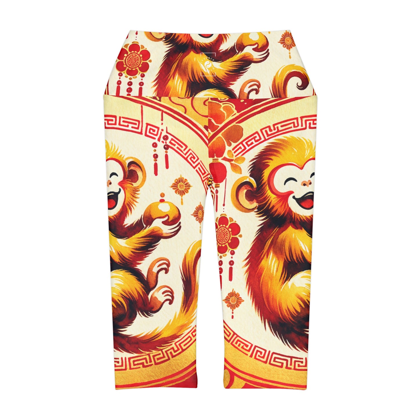 "Golden Simian Serenity in Scarlet Radiance" - High Waisted Capri Leggings