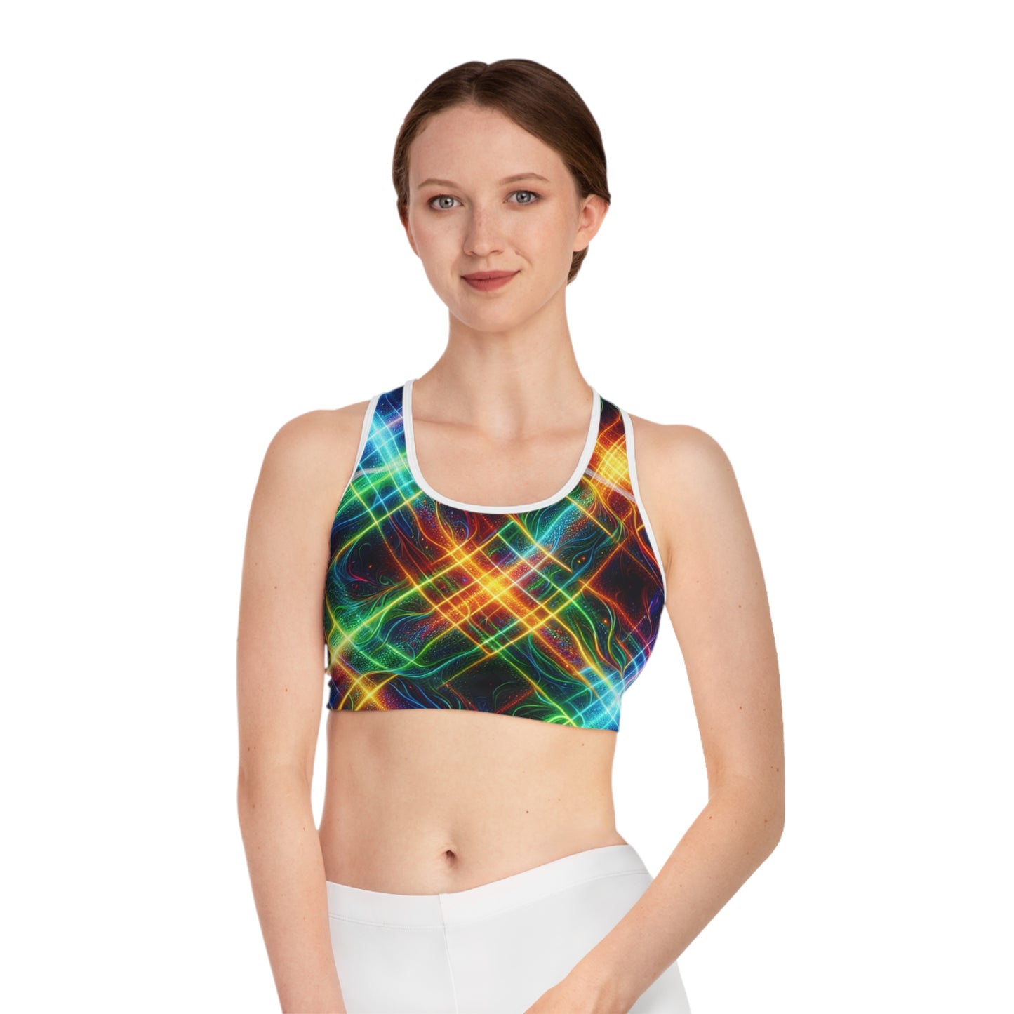 "Neon Plaid Luminosity Matrix" - High Performance Sports Bra