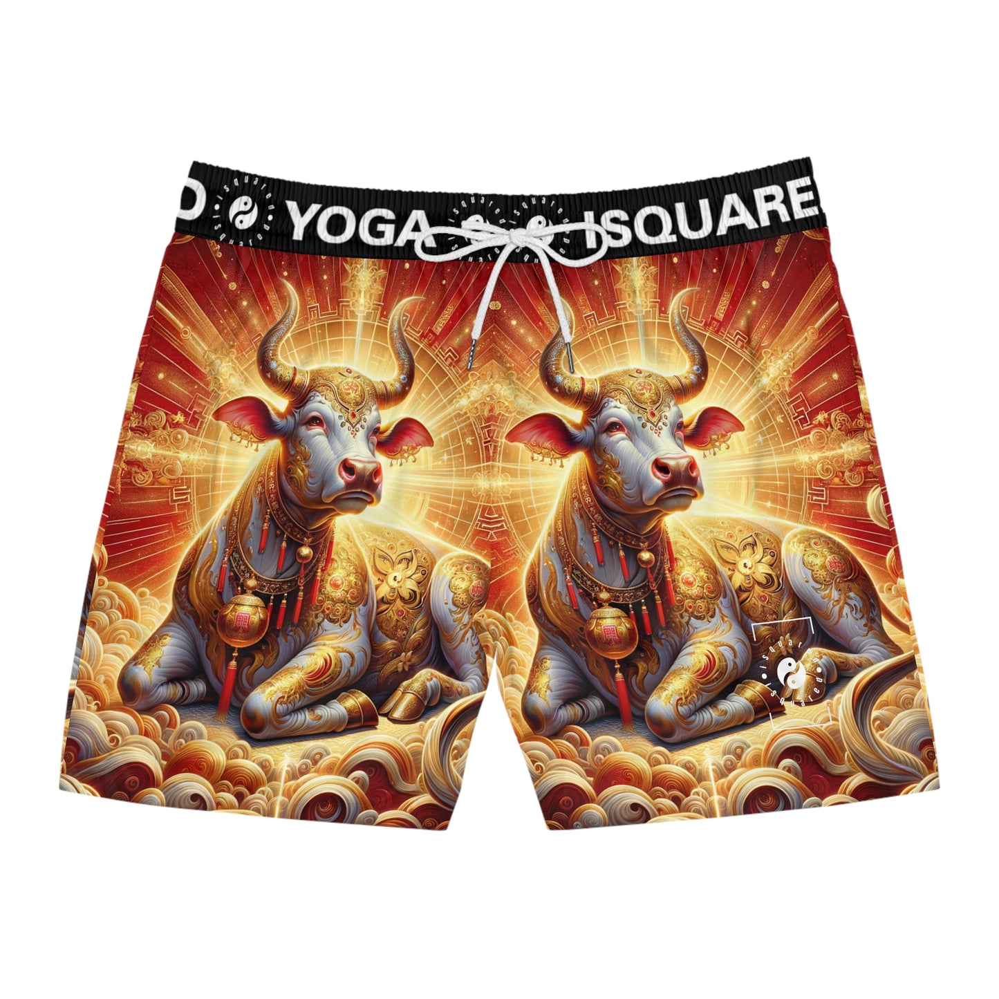 "Golden Euphoria: A Dance of the Divine Bovine" - Swim Shorts (Mid-Length) for Men