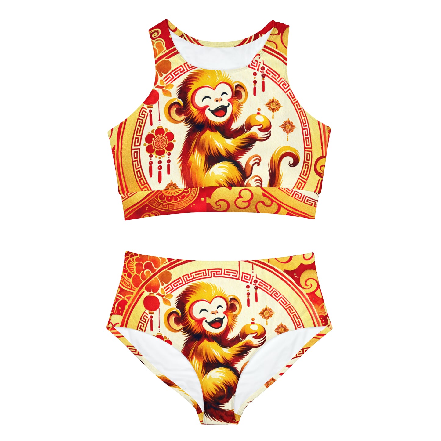 "Golden Simian Serenity in Scarlet Radiance" - Hot Yoga Bikini Set