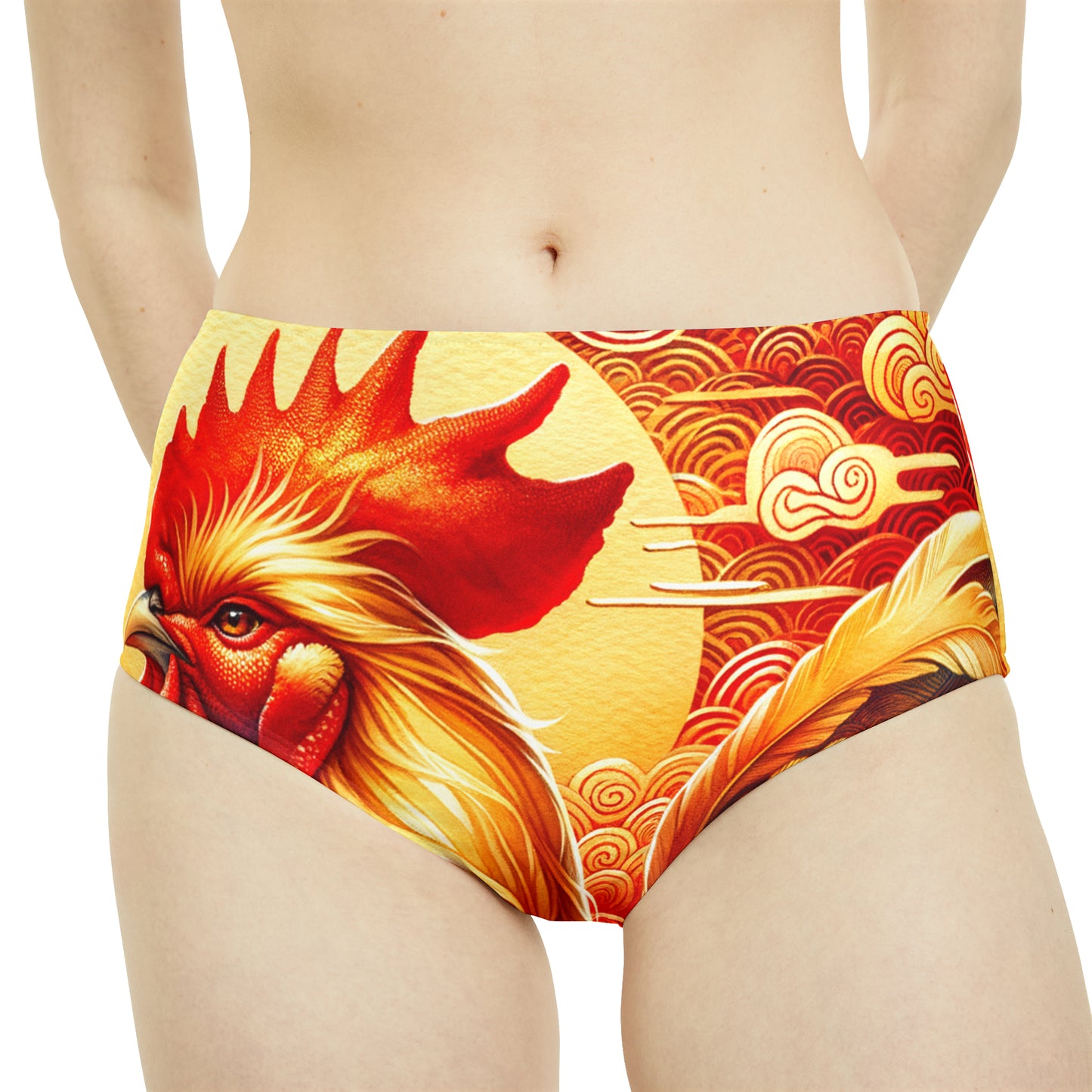 "Crimson Dawn: The Golden Rooster's Rebirth" - High Waisted Bikini Bottom