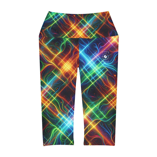 "Neon Plaid Luminosity Matrix" - High Waisted Capri Leggings