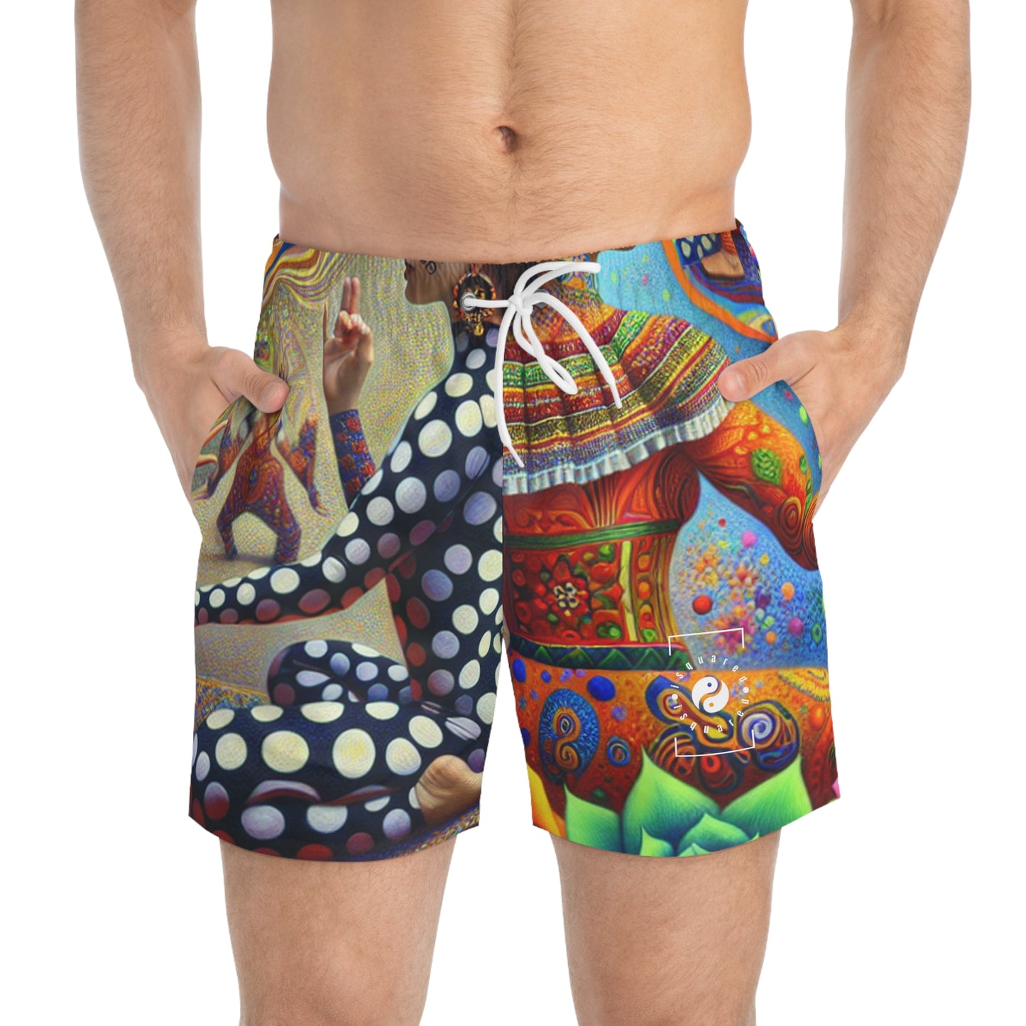 "Kahlo-Kusama Blossom Asanas: A Surreal Yoga Symphony" - Swim Trunks for Men