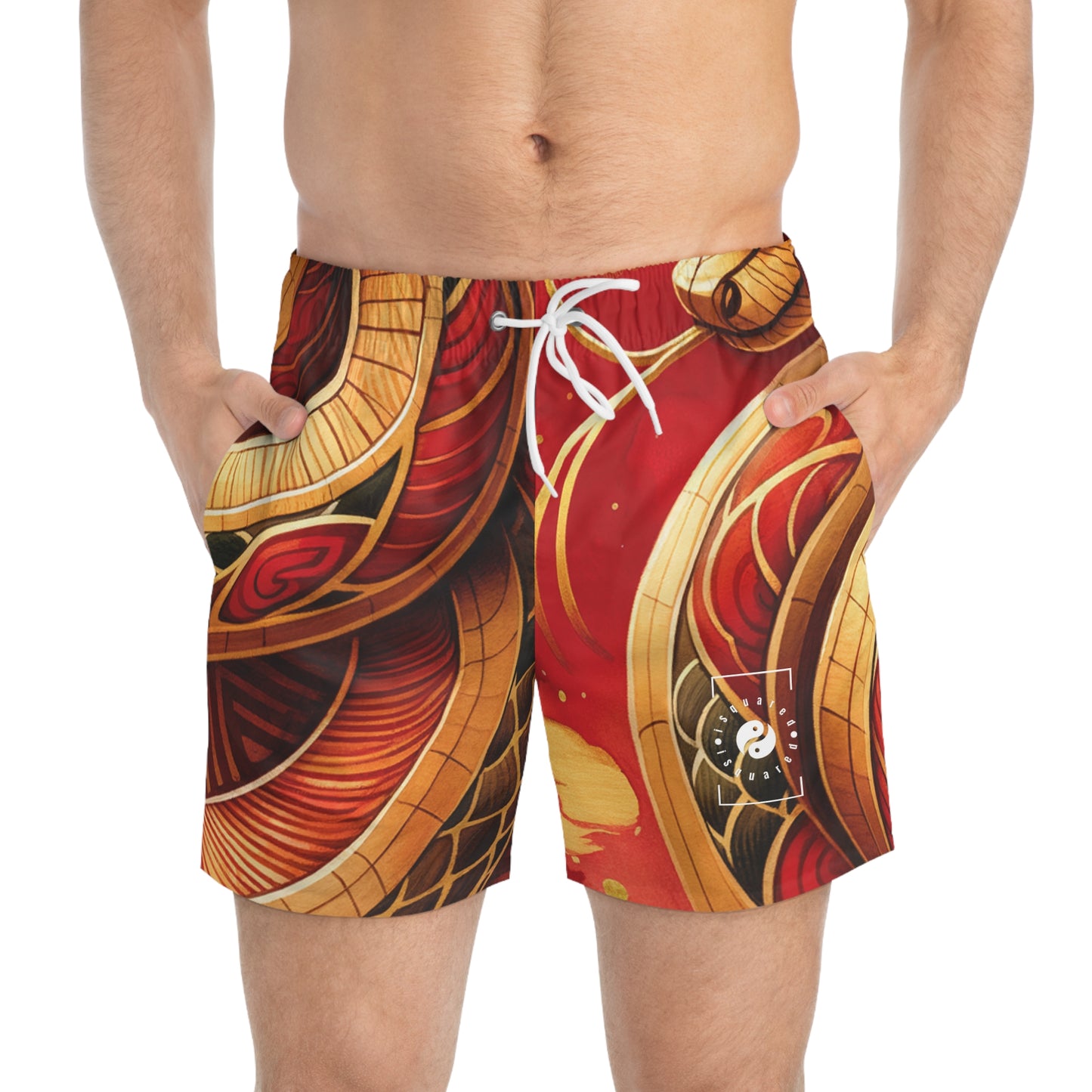 "Crimson Serenity: The Golden Snake" - Swim Trunks for Men