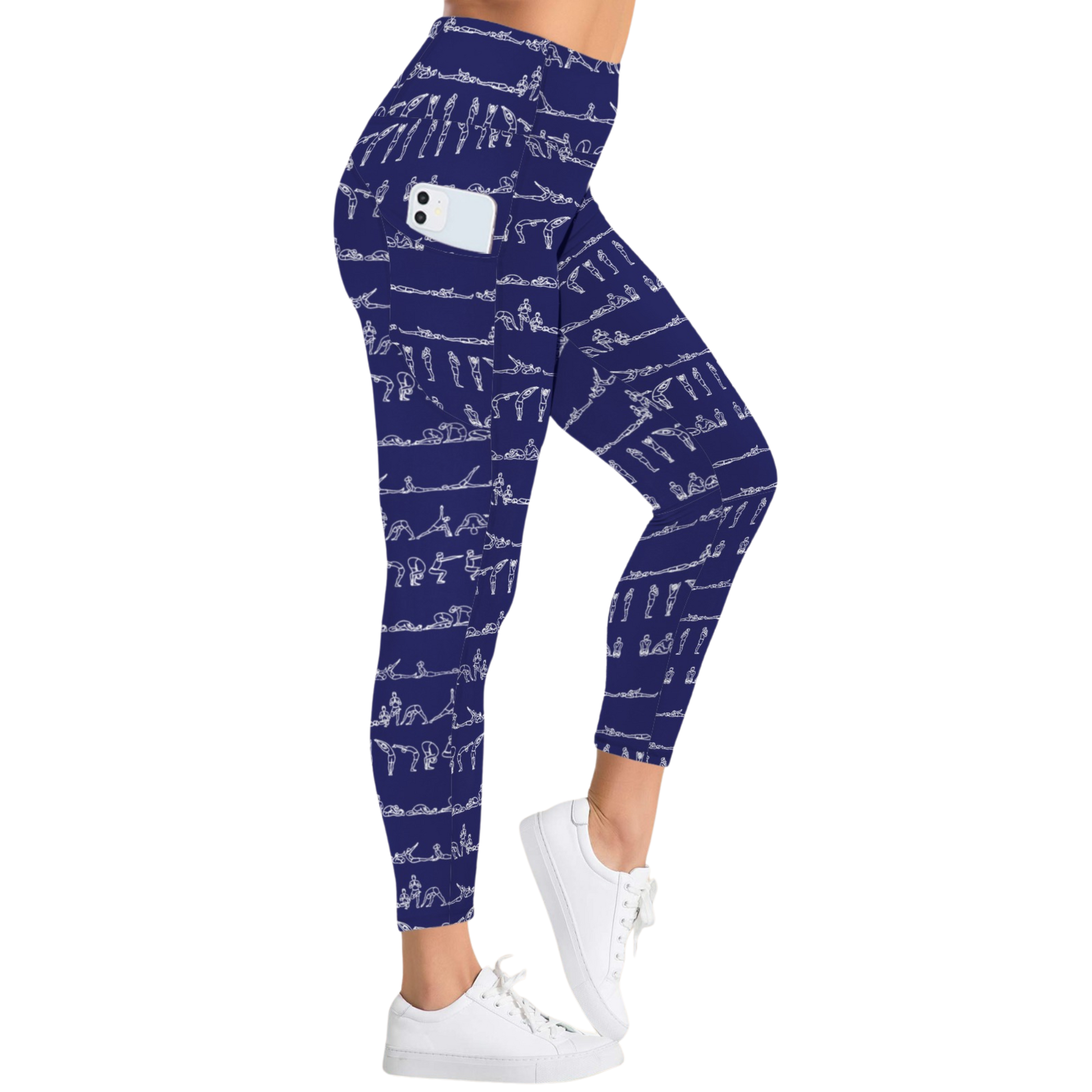High-rise navy leggings with white yoga pose print, featuring side pockets and a snug fit for optimal compression.