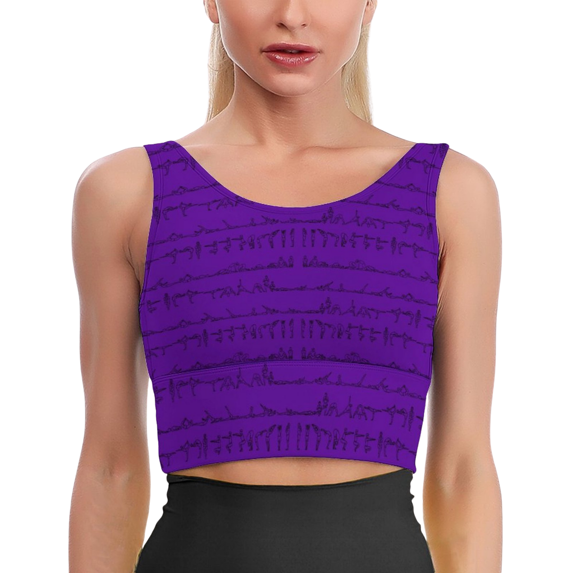Bikram Series iSquared Crop Top with all-over yoga pose print, padded support, cropped fit, and U-back design