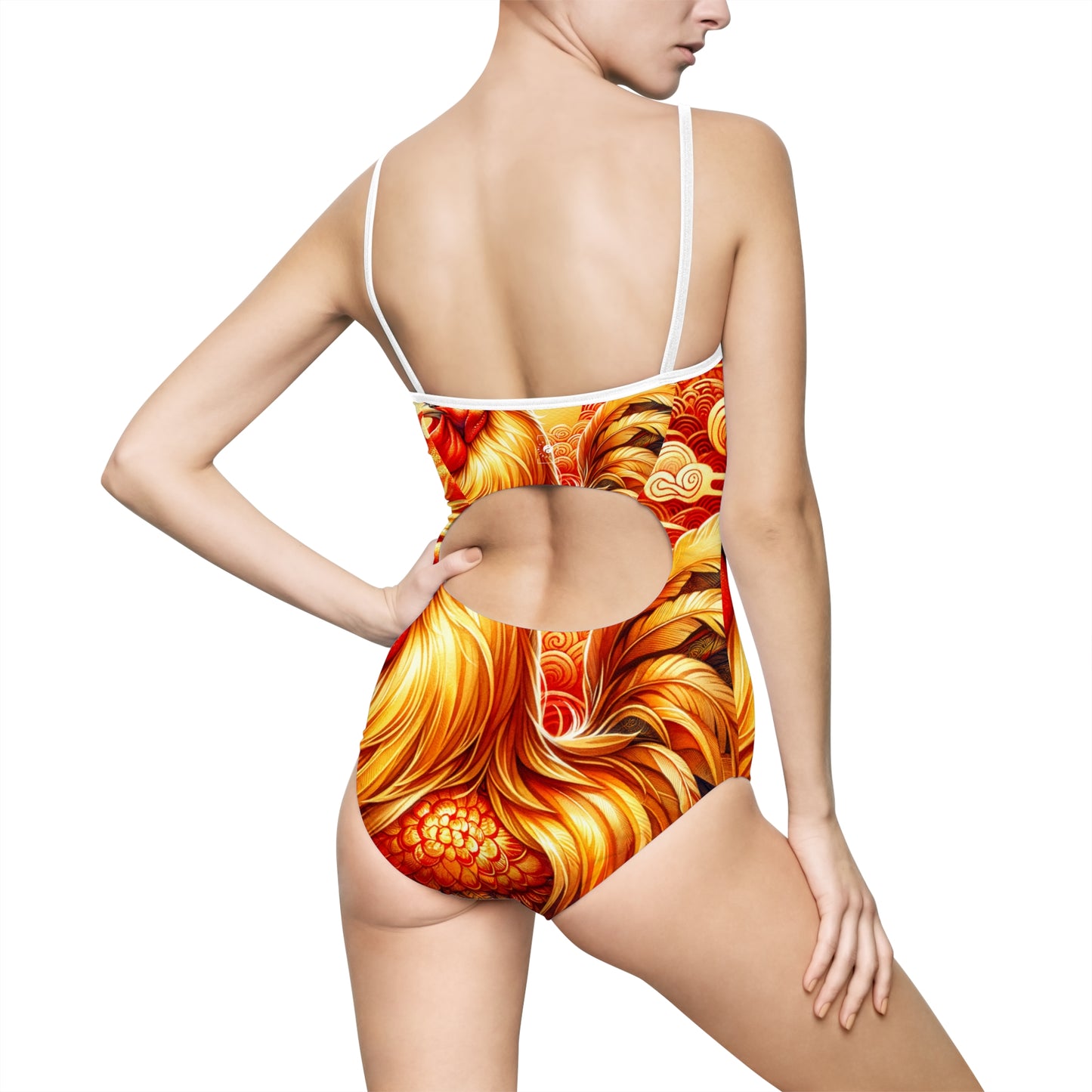 "Crimson Dawn: The Golden Rooster's Rebirth" - Openback Swimsuit