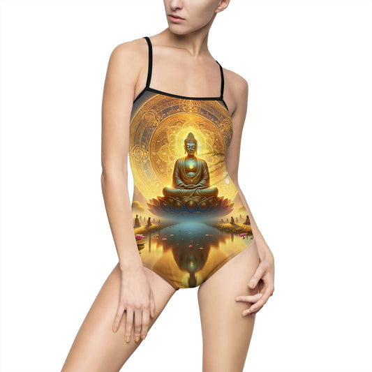 "Serenity in Transience: Illuminations of the Heart Sutra" - Openback Swimsuit