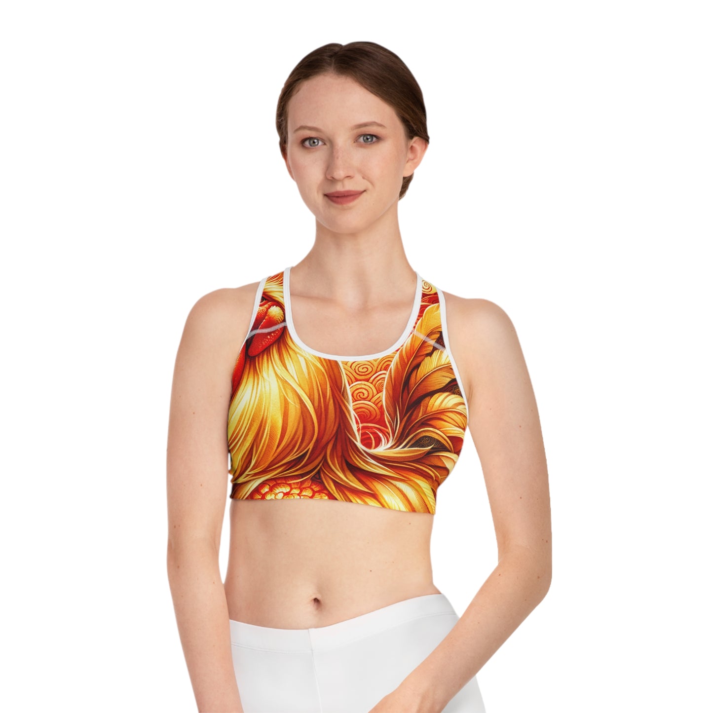 "Crimson Dawn: The Golden Rooster's Rebirth" - High Performance Sports Bra