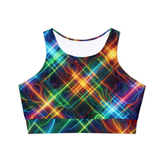 "Neon Plaid Luminosity Matrix" - Lined & Padded Sports Bra