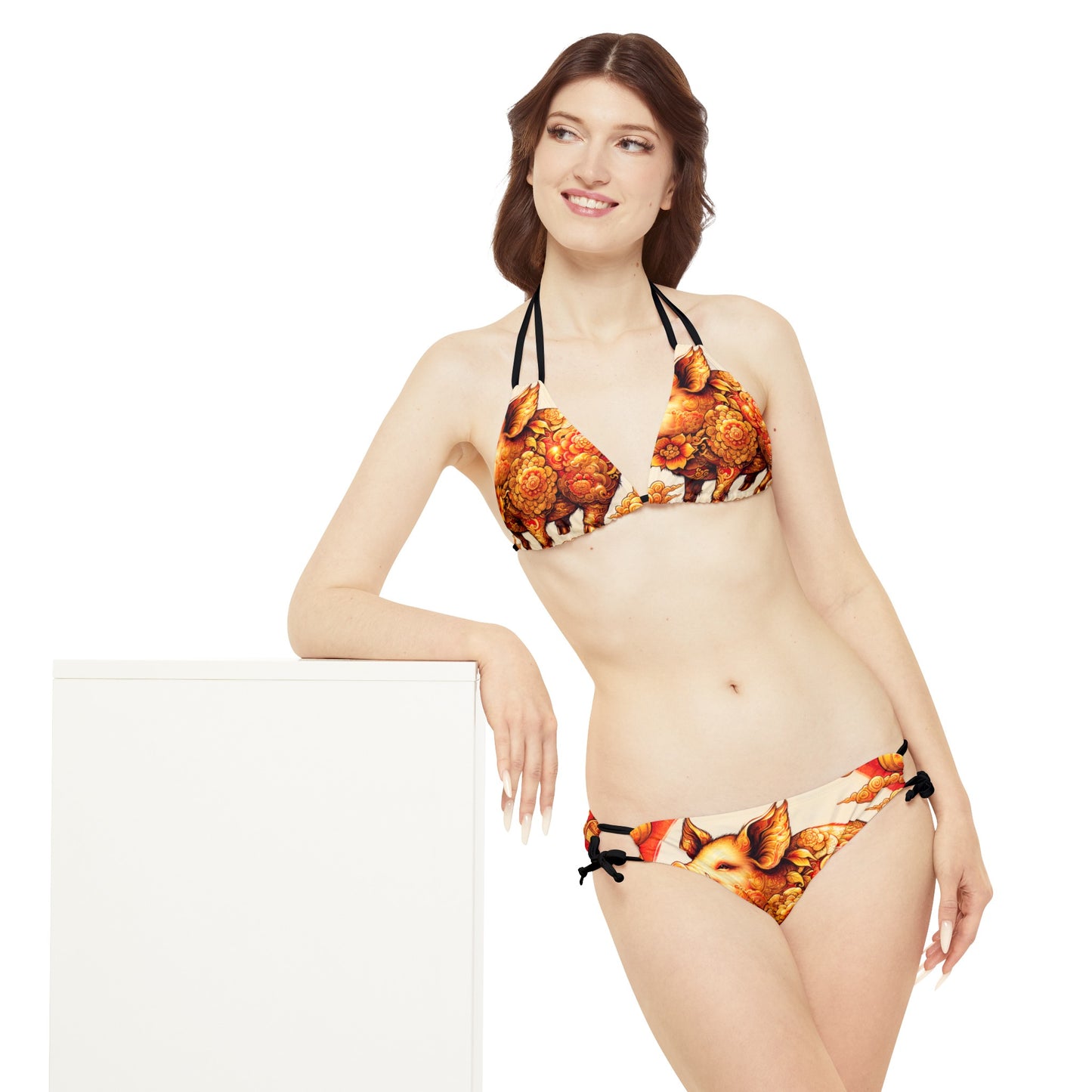 "Golden Prosperity: The Divine Swine Celebration" - Lace-up Bikini Set