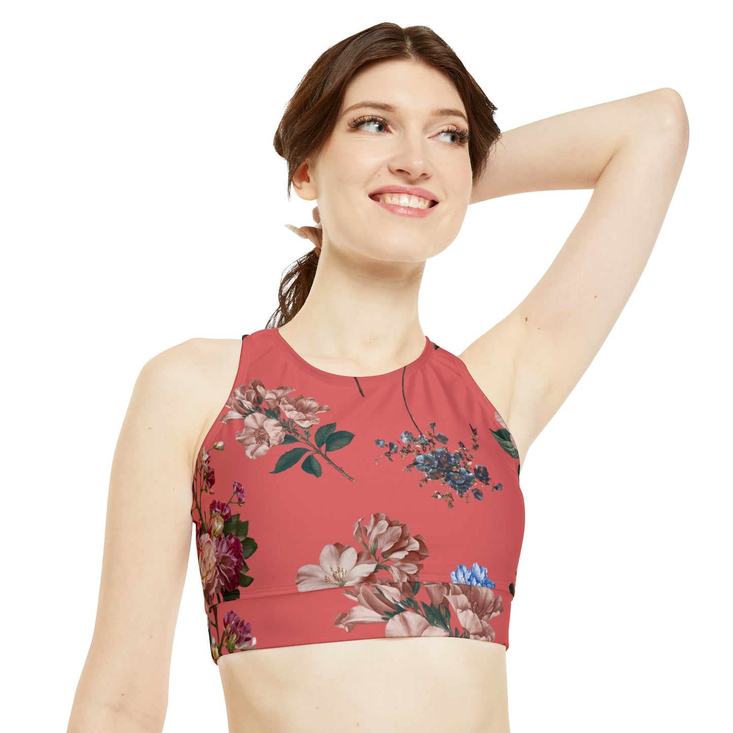 Botanicals on Coral - High Neck Crop Top