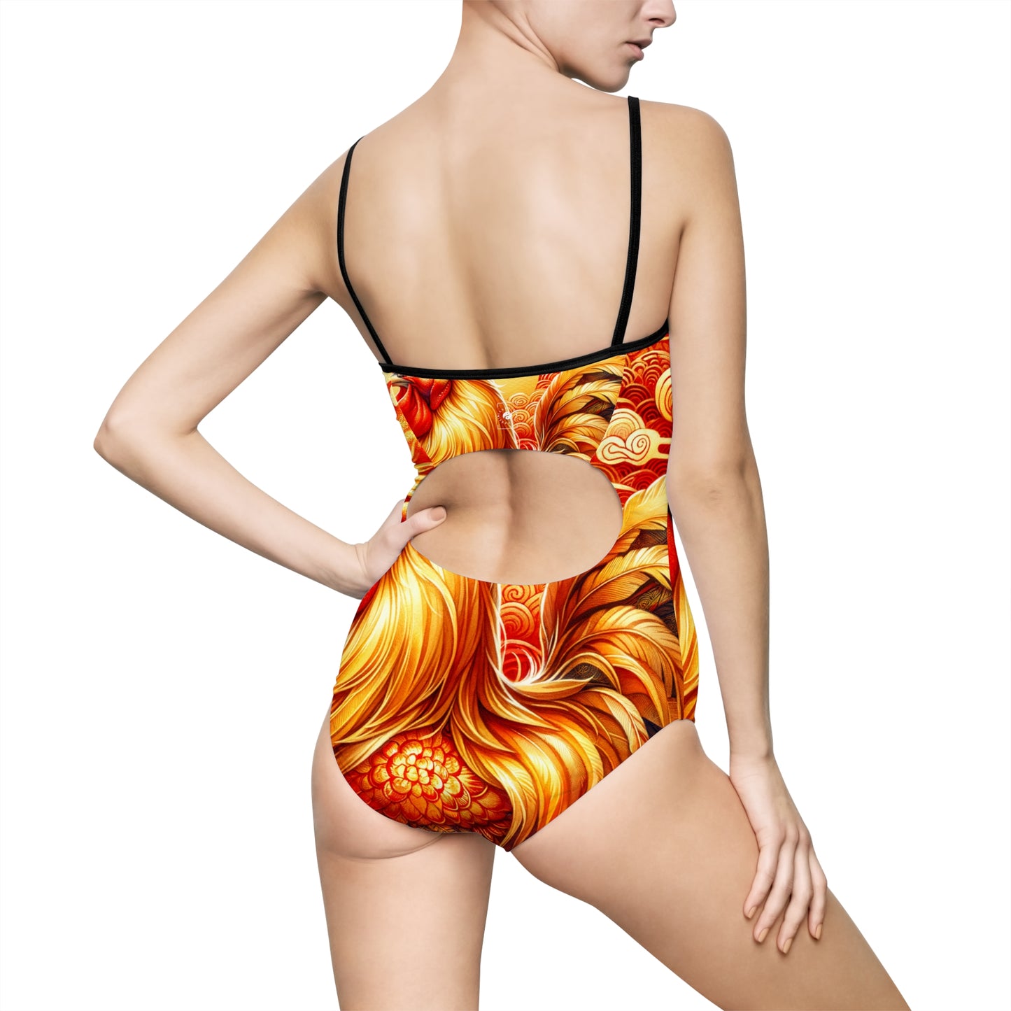 "Crimson Dawn: The Golden Rooster's Rebirth" - Openback Swimsuit