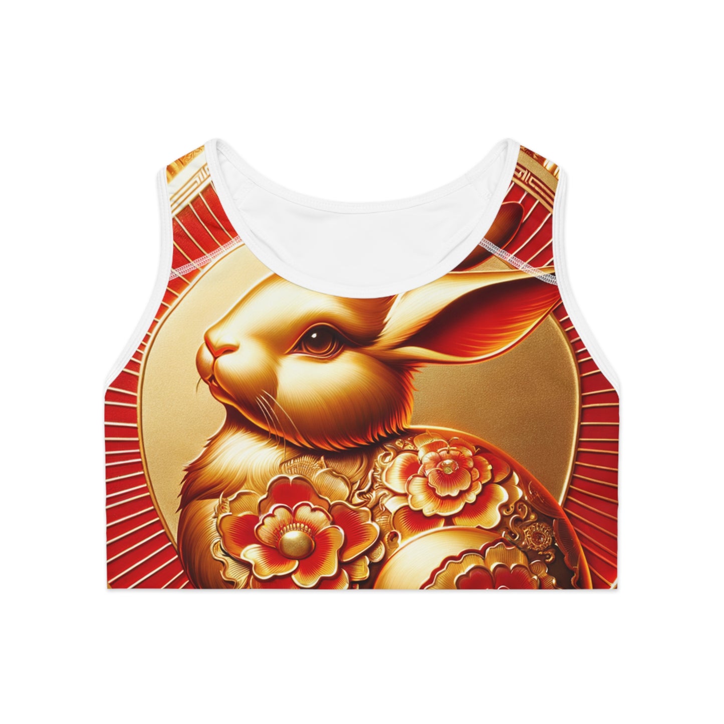 "Golden Blessings: Lunar Rabbit's Resplendence" - High Performance Sports Bra