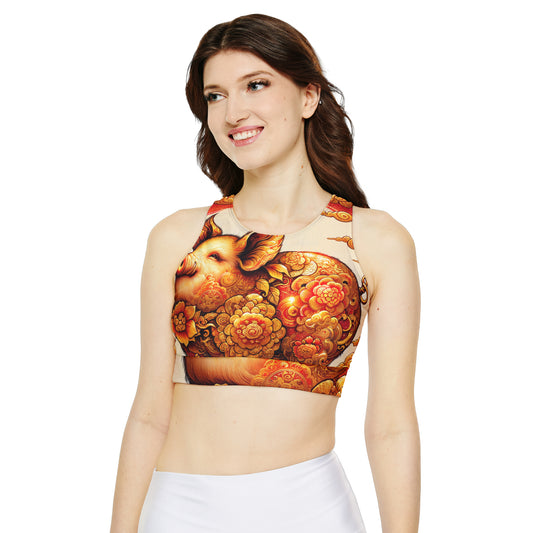 "Golden Prosperity: The Divine Boar Celebration" - Lined & Padded Sports Bra