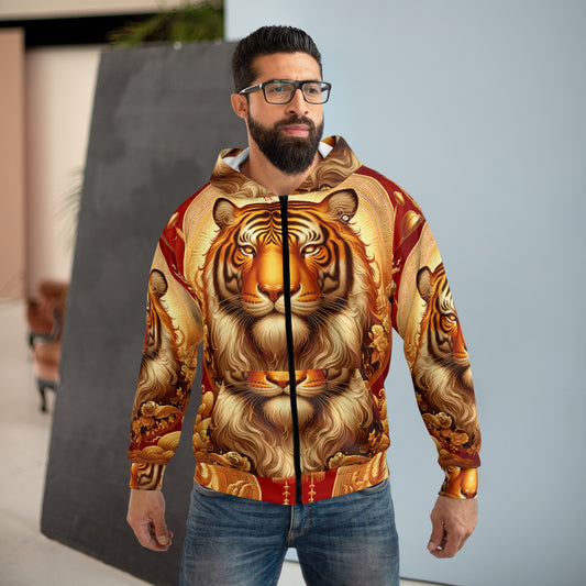 "Majesté dorée : Ascension du Tigre Lunaire" - Sweat à capuche zippé 