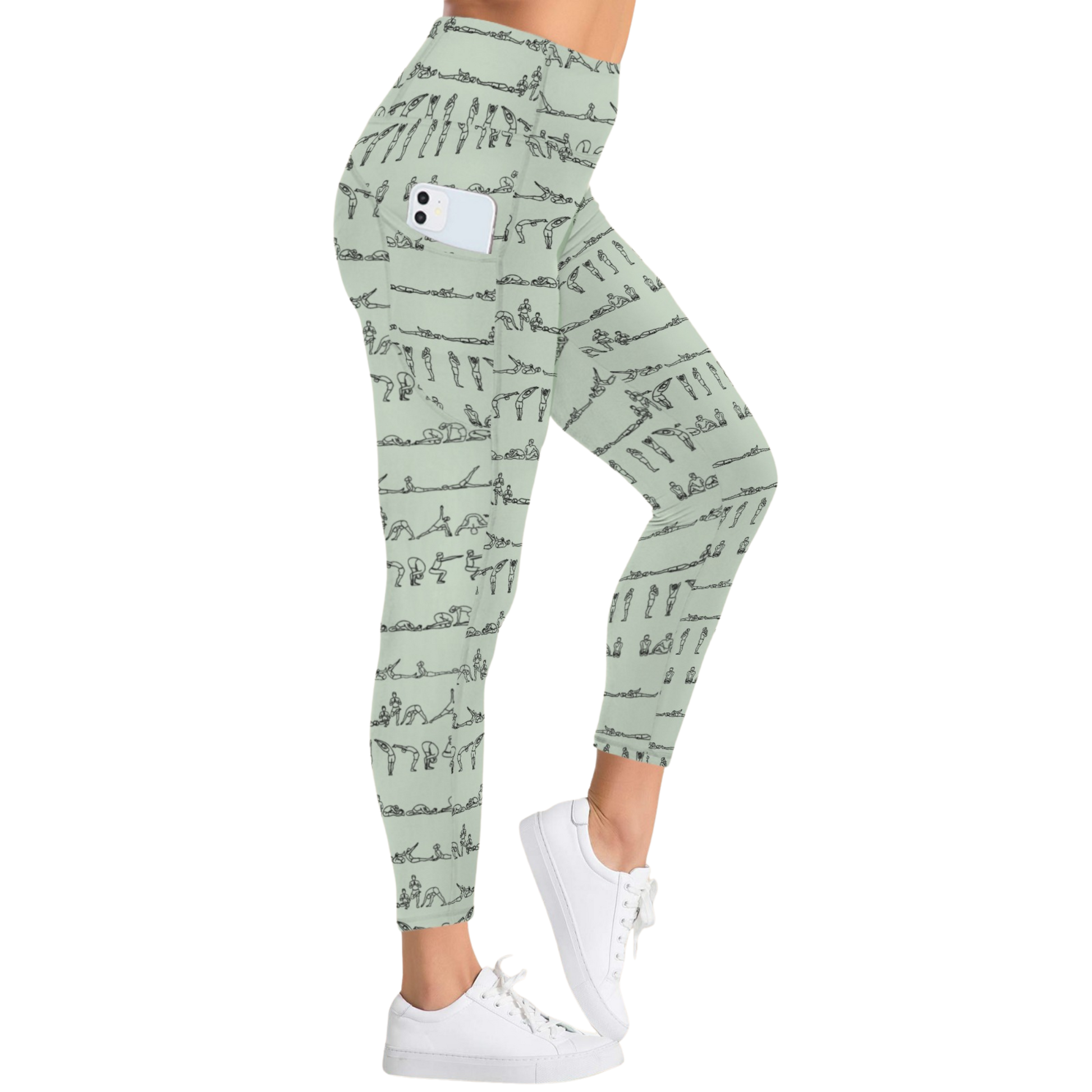 Bikram Pastel iSquared Pocket Leggings in light green with yoga pose illustrations, featuring side pockets and a high-rise fit.