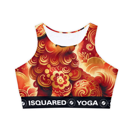 "Golden Canine Emissary on Crimson Tide: A Chinese New Year Odyssey" - Lined & Padded Sports Bra