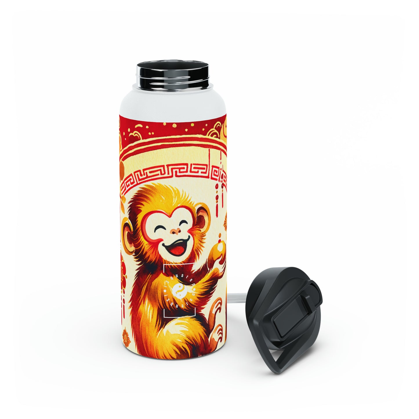 "Golden Simian Serenity in Scarlet Radiance" - Water Bottle