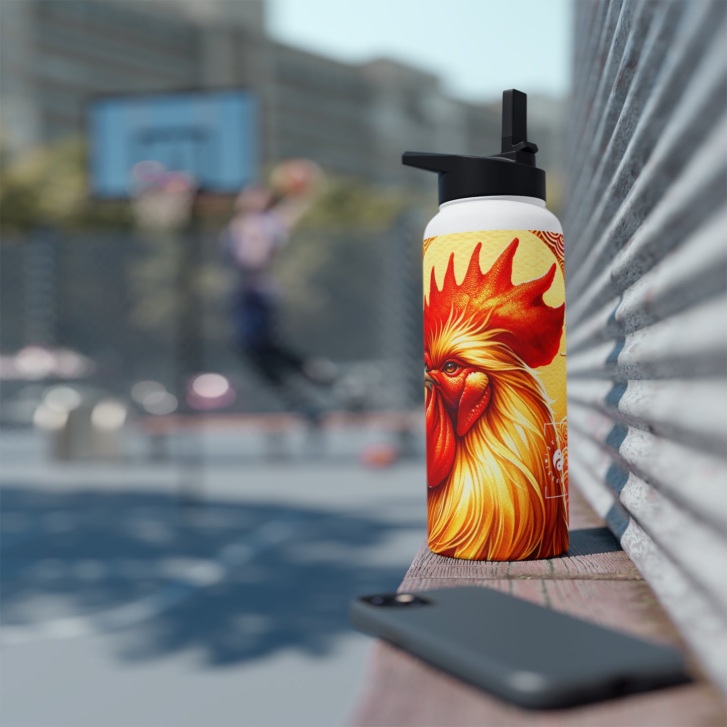 "Crimson Dawn: The Golden Rooster's Rebirth" - Water Bottle