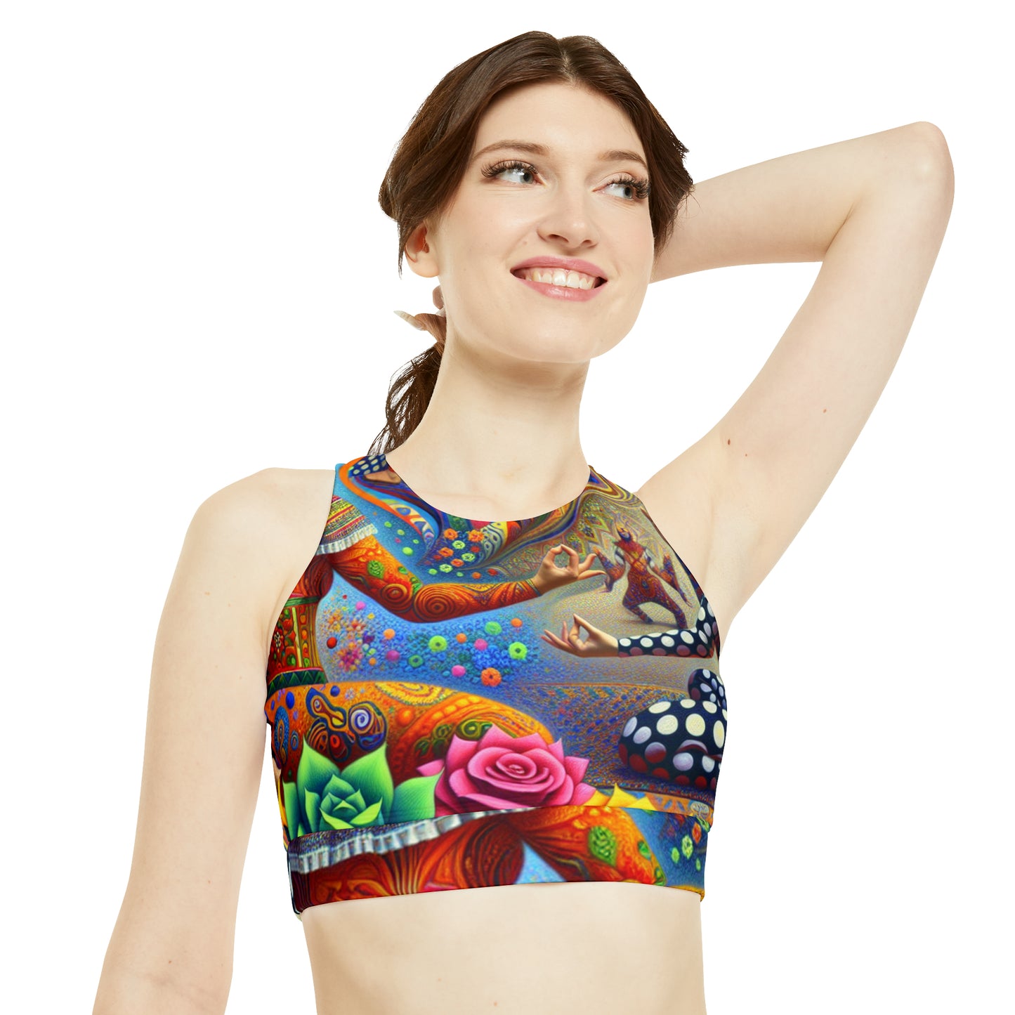 "Kahlo-Kusama Blossom Asanas: A Surreal Yoga Symphony" - High Neck Crop Top